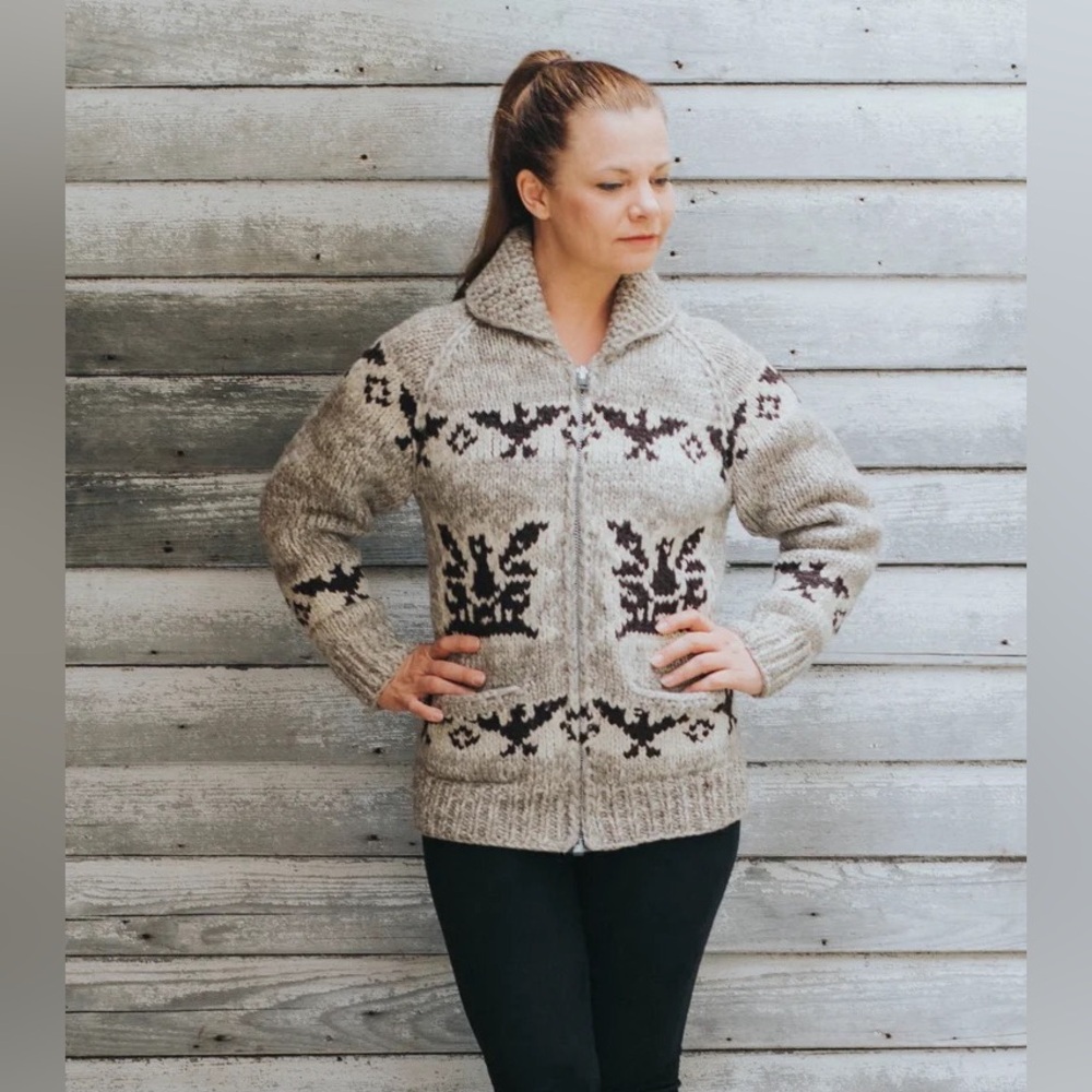 Vintage TUAK Hand-Knit Wool Sweater Jacket | Made in Canada | Eagle Motif | S/M